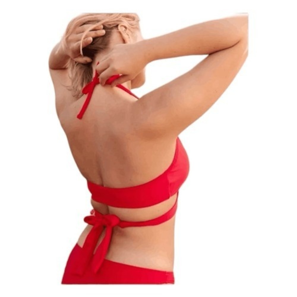 Aerie Tie Wrap Halter Bikini Top Chilly Red Nylon Scoop Removable Pads XXS - Picture 3 of 8